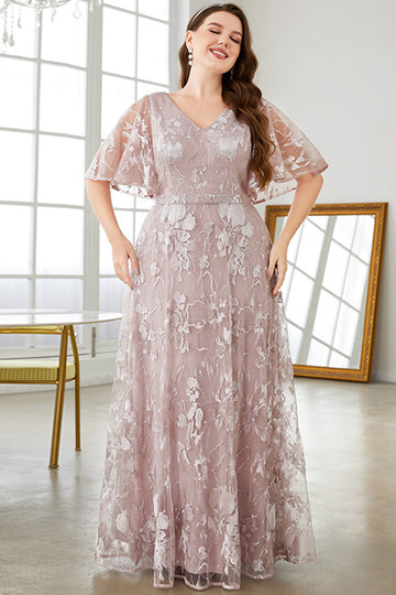 Grey Pink A-Line V-Neck Embroidered Plus Size Formal Dress